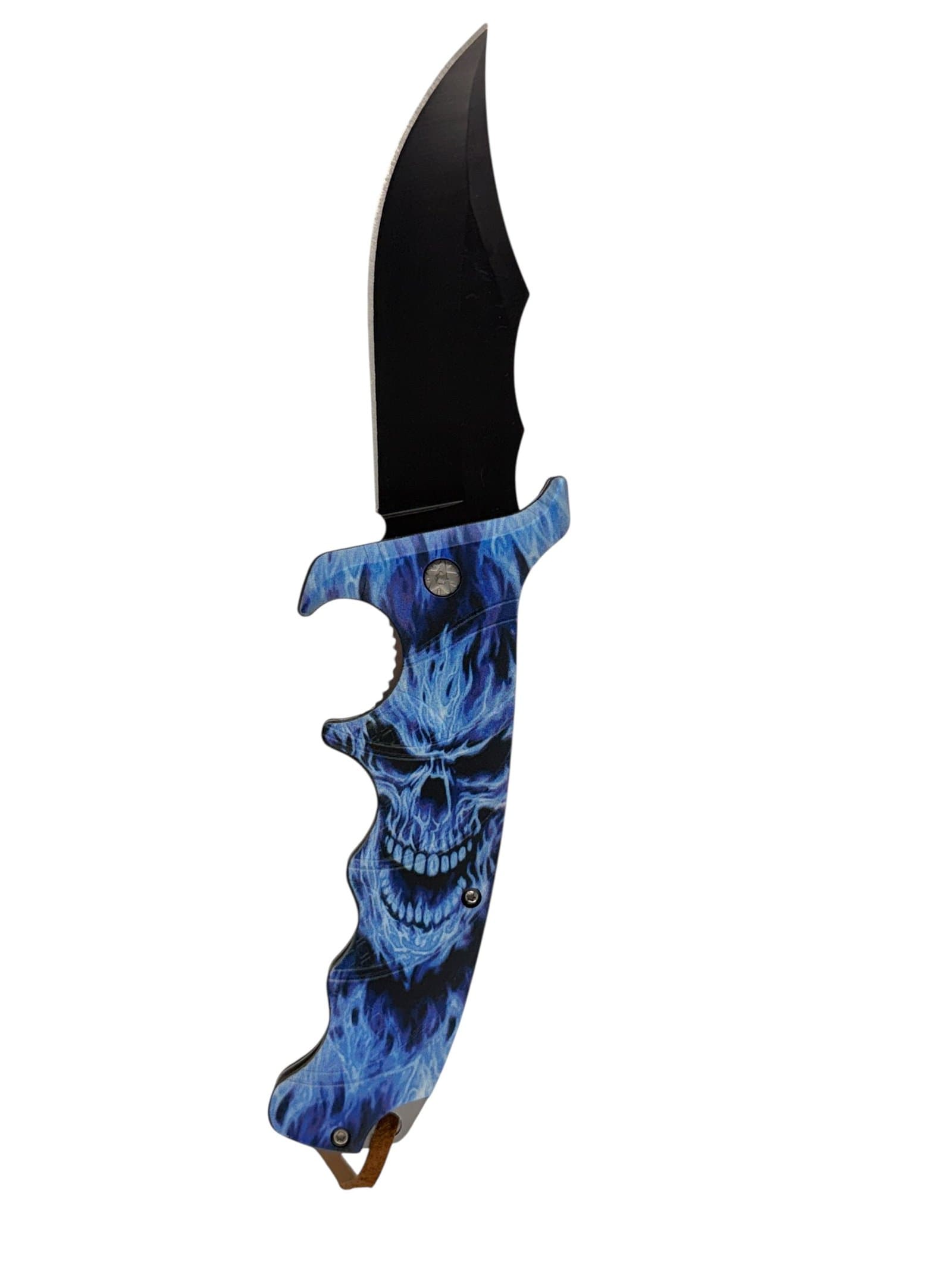 Blue Flaming Skull Fantasy Knife – Black Curved Blade