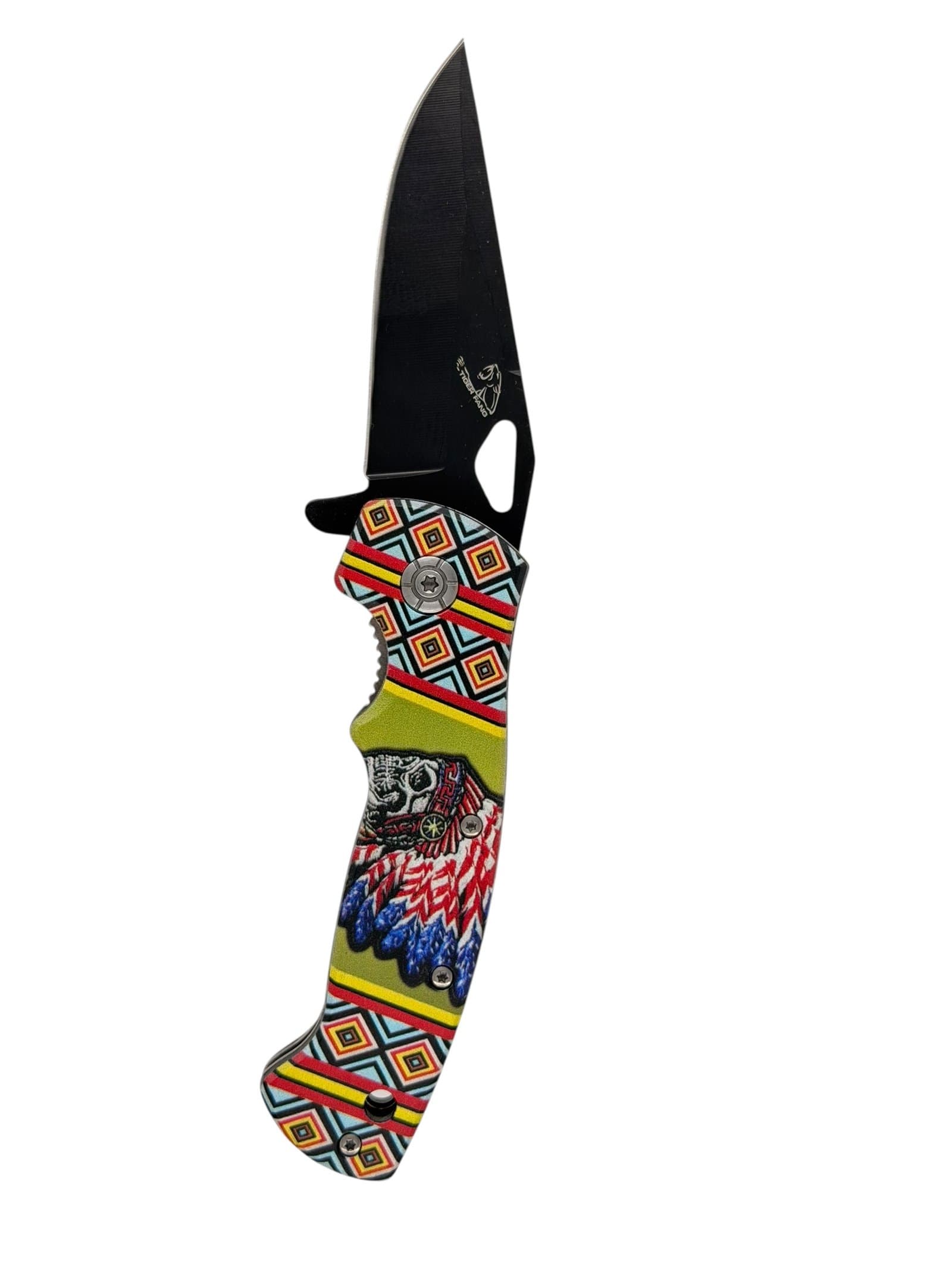 Tiger Fang Feathered Skull Folding Pocket Knife – Black Blade